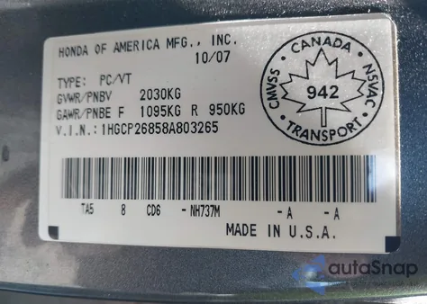 2008 Honda Accord 2.4 Ex-L from USA, damaged, VIN 1HGCP26858A803265